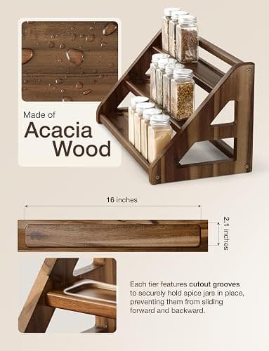 Tinamo Acacia Wood Spice Rack - Wooden 3-Tier Spice Rack Organizer for Countertop or Cabinet – Kitchen Spice Organizer and Seasoning Organizer Shelf (Walnut) thumbnail 3