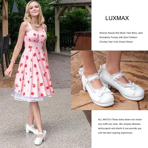 LUXMAX Women Kawaii Mid Block Heel Mary Jane Rockabilly Pumps with Bow Platform Chunky Heel Cute Sweet Shoes thumbnail 7
