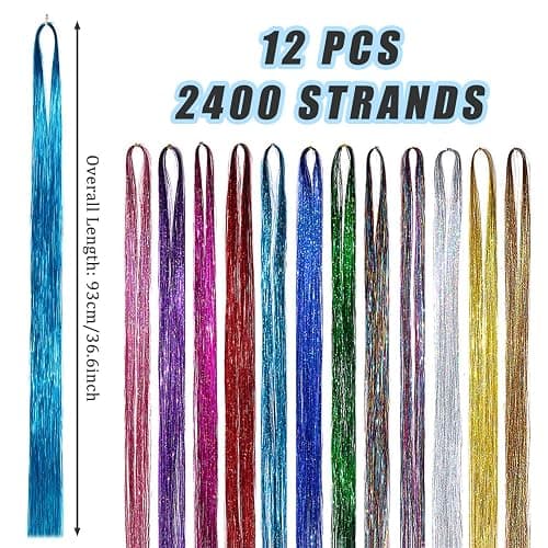 SYEYCW 12 Pieces 2400 Strands Hair Tinsel, 93 cm / 36.6 inch Hair Glitter Strands, Shiny Colorful Straight Hairs Extensions, Accessories for Christmas New Year Halloween Cosplay Party, 12 Colors thumbnail 2