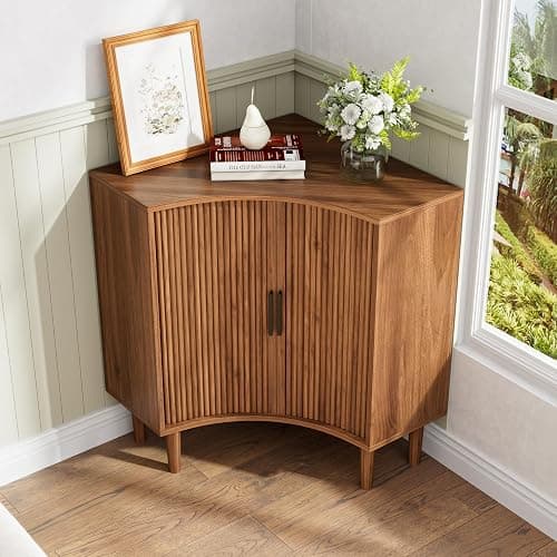 Fluted Corner Cabinet, Small Corner Floor Cabinet with Sliding Doors and Adjustable Shelves, Modern Wooden Freestanding Narrow Storage Organizer for Small Space,Living Room, Dining Room, Bathroom thumbnail 8