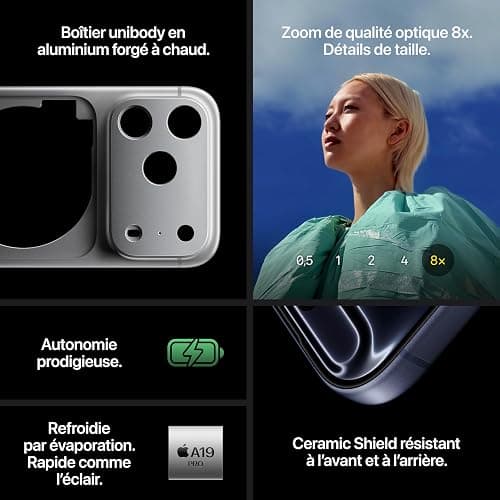 Apple iPhone 17 Pro 256 Go : Écran 6,3 pouces avec ProMotion jusqu’à 120 Hz, Puce A19 Pro, Autonomie prodigieuse, Système caméra Pro Fusion avec caméra avant Center Stage ; Argent thumbnail 4