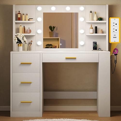 YITAHOME Vanity Desk with 22" Mirror, LED Lights and Power Outlet, Makeup Table with 4 Drawers, Adjustable 3 Lighting Colors, Vanity Table with Open Storage Shelves for Bedroom Dressing Room, White thumbnail 7