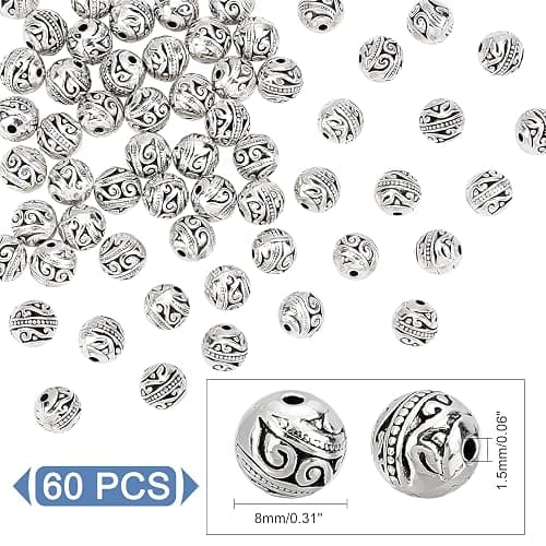 PH PandaHall 8mm Round Spacers Beads, 60pcs Tibetan Alloy Metal Charms Beads Antique Silver Metal Loose Spacer Beads for Bracelet Necklace Jewelry Making, Hole: 1.5mm thumbnail 5