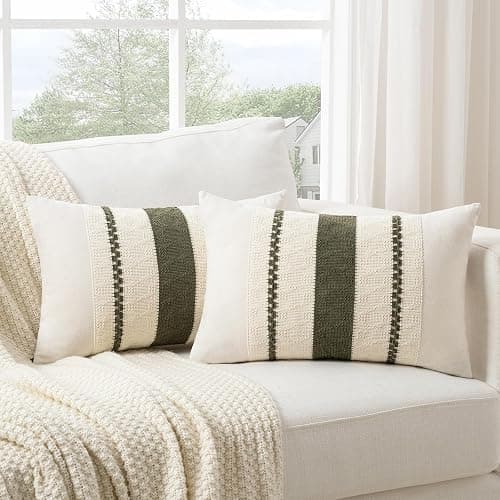 Fancy Homi Set of 1 Boho Olive Green Lumbar Decorative Throw Pillow Cover 12x20 Inch for Couch Bed Sofa Chair, Modern Organic Farmhouse Home Decor, Soft Cotton Cute Accent Rectangle Cushion Case thumbnail 2
