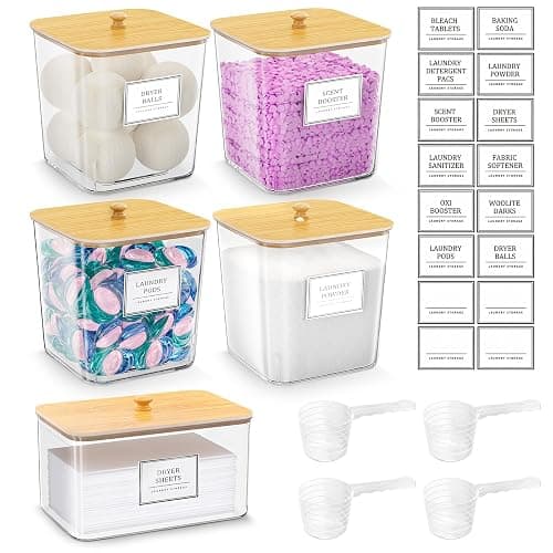 4+1 Pack Laundry Room Organization Containers,Clear Laundry Pods Container,Large Laundry Detergent Powder Storage Containers with Wooden Lids & Labels,Laundry Pods Holder for Scent Booster,Powder,Pods - Image 1