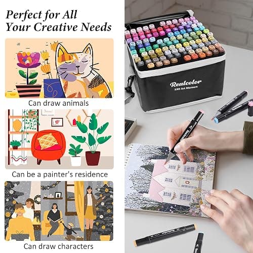 120 Alcohol Markers Set,Dual Tip Art Markers for Adult Coloring, Alcohol Marker Set for Drawing,Coloring,Sketching,Card Making,Illustration, Ideal for Artists, Designers & Crafters thumbnail 7