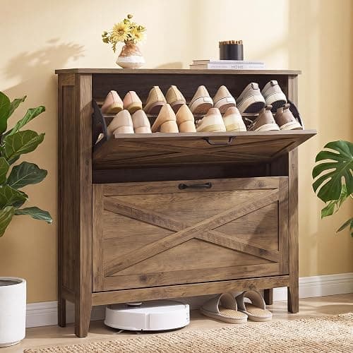 VASAGLE Farmhouse Shoe Cabinet, Narrow Storage Organizer, 2 Flip Drawers | Shoe Storage Organizer, Fits 16 Pairs, 34.3 x 9.5 x 34.6 in, Honey Brown, LIRY Collection UHSC201K01 - Image 1