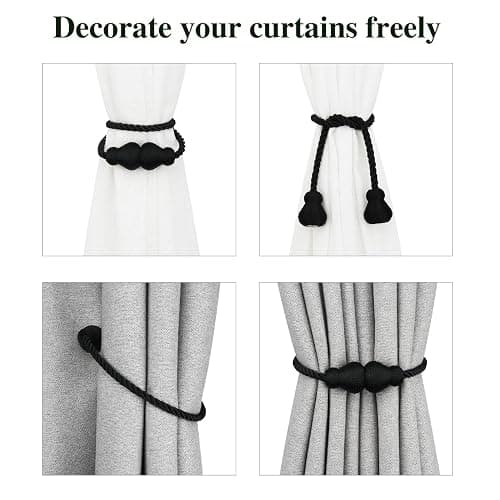 Nieffeiy Magnetic Curtain Tiebacks Outdoor Curtain Tie Backs Rope Decorative Magnetic Curtain Holders for Drapes Window Treatment Holdbacks, Black 2Pack thumbnail 4