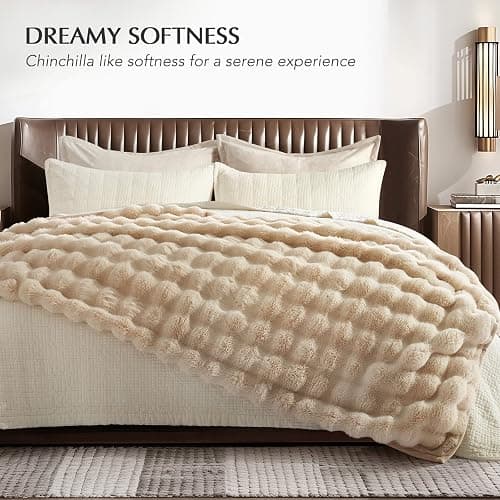 EverGrace Ultra Soft Luxury Fluffy Faux Rabbit Fur Throw Blanket, Thick Warm Bubble Throw for Bed, Cozy Plush Reversible Blankets for Couch, Chair, Sofa, Cream, 60x80 Inches thumbnail 7