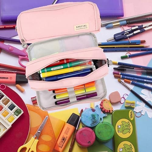 Pencil Case Pink, Pen Case for Adult with Double Zippers Closure, Stationery Supplies Cute Pen Pouch with Compartments for Middle High School Student Kids Boy Girl Teen Adult (Pink) thumbnail 8