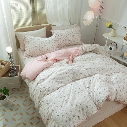 LifeTB Pink Flower Duvet Cover Twin XL Girls Aesthetic Floral Duvet Cover White Soft 100% Cotton Flower Bedding Set Cottage Floral Comforter Cover with Zipper Closure, Breathable, Easy Care thumbnail 9