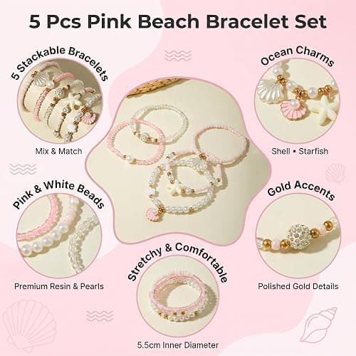 YOJO 5 Pcs Pink Beach Bracelets for Women, Summer Preppy Ocean Beaded Bracelet Set with Shell and Starfish Charms, Stackable Aesthetic Stretchy Jewellery, Vacation Gift for Girls thumbnail 2