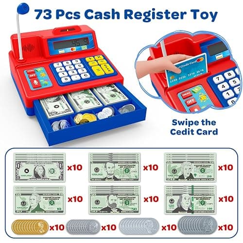 Bstoyder Calculator Cash Register Toy Gift for Kids Age 3, 4, 5, 6, 7, 8+ Year Old, 103 Pcs Grocery Store Playset with Microphone, Credit Card, Cash Register for Toddlers Kids 4-8 thumbnail 3