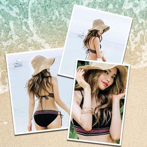 Women Straw Hat Wide Brim Beach Sun Cap Foldable Large Lady Floppy 100% Natural Paper Braided for Travel Decoration Summer Vacation Soft Lightweight and Breathable (Beige) thumbnail 4