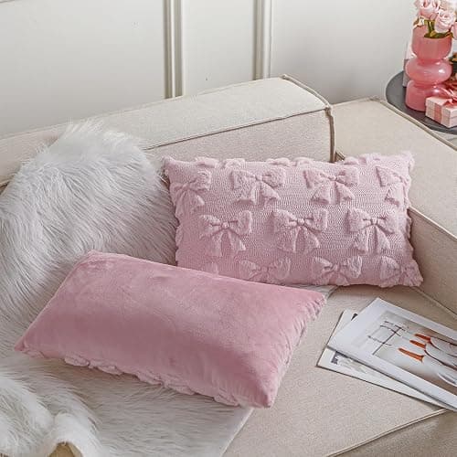 Mixweer Bow Pillow Covers Set of 2 Coquette Room Decor Cute Faux Fur Soft Bowknot Preppy Stuff Fluffy Plush Aesthetic Pillow Covers for Bed Sofa Couch, Fall Christmas Decor(12 x 20 Inch,Pink) thumbnail 6