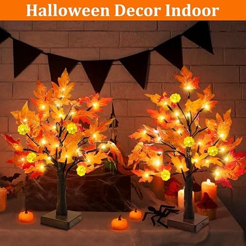 TURNMEON Fall Decor 2 Pack 18 Inch Prelit Fall Maple Tree 48 LEDs Timer | Halloween Fall Decorations for Home Battery Operated Pumpkin Lights Lighted Thanksgiving Decor Table Mantle Indoor Outdoor thumbnail 6