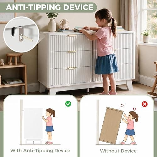 Jocoevol Fluted 6 Drawer Dresser for Bedroom, White | 47" Wooden Chest of Drawers with Curved Profile Design, Modern TV Stand with Metal Handle for Living Room/Hallway thumbnail 6