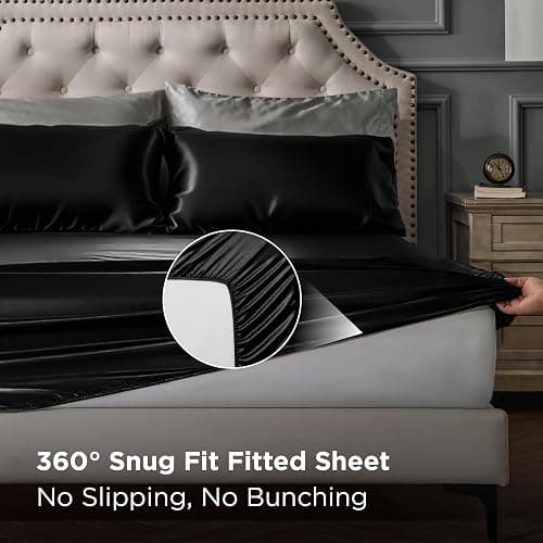 Bedsure Black Satin Sheets Queen Size - 4 Piece Silky Bedsheets with 15 Inches Deep Pocket Fitted Bedsheet,1 Flat Sheet, 2 Satin Pillowcases, Good for Hair & Skin (Queen, Black) thumbnail 5