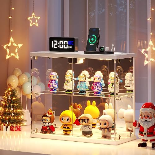 Dystler Lighted Clear Glass Display Case - for Figures & Collectibles, Small 2-Tier Display Cabinet with Charging Station, LED Display Box with Lights & Human Sensor, for Model Car, Perfume, White - Image 1
