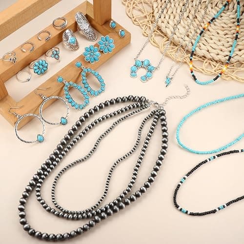 Fansilver Turquoise Jewelry for Women Bohemian Western Jewelry Set Navajo Pearl Necklace Beaded Choker Necklace Turquoise Earrings Bracelet Vintage Knuckle Rings Boho Western Jewelry for Women thumbnail 7