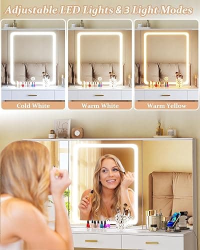 Vanity Desk with Mirror and Lights, 47.2" Makeup Vanity with 11 Storage Drawers and Hidden Storage Shelves, White Vanity with Charging Stations & 3 LED Lighting Modes Adjustable, for Bedroom thumbnail 5