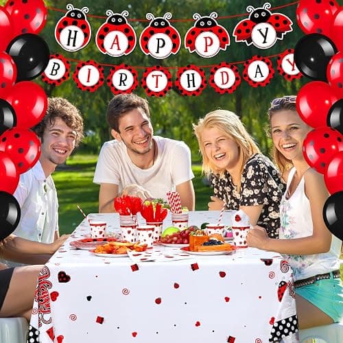 Sumind 200 Pcs Ladybug Birthday Party Decorations Set Ladybug Themed Party Supplies Balloon Tableware Happy Birthday Banner Dot Tablecloth Cup Straw Napkin Baby Shower Decor(54 x 108 Inch,Multicolor) thumbnail 6