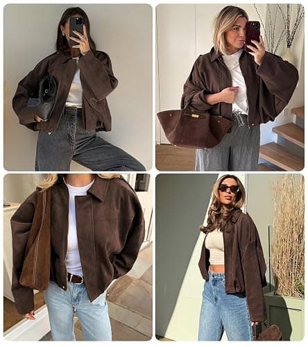 Bnigung Womens Faux Suede Bomber Jacket Casual Lapel Pilot Cropped Coat Oversized Motorcycle Jackets 2025 Outerwear thumbnail 6