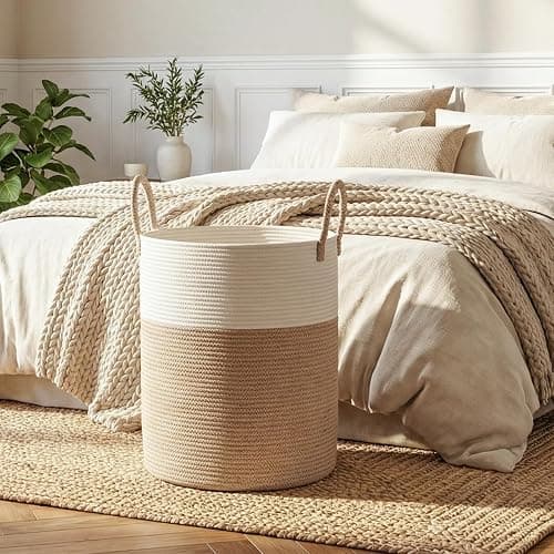 OIAHOMY Large Laundry Basket Hamper - 60L Cotton Rope Woven Basket for Blankets, Toys, Clothes - Tall Decorative Nursery Hamper with Long Handles, Brown/White thumbnail 6