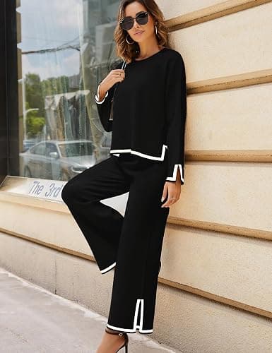 Tanming Women's 2 Piece Outfits Long Sleeve Knit Sweater Top Wide Leg Pants Lounge Sets Tracksuits thumbnail 5