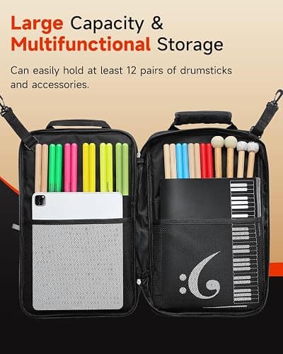Donner Drumstick Backpack Bag, Large Capacity Padded Double Shoulder Straps for all Drum Accessories, Holds up to 12 Pairs of Drumsticks thumbnail 3