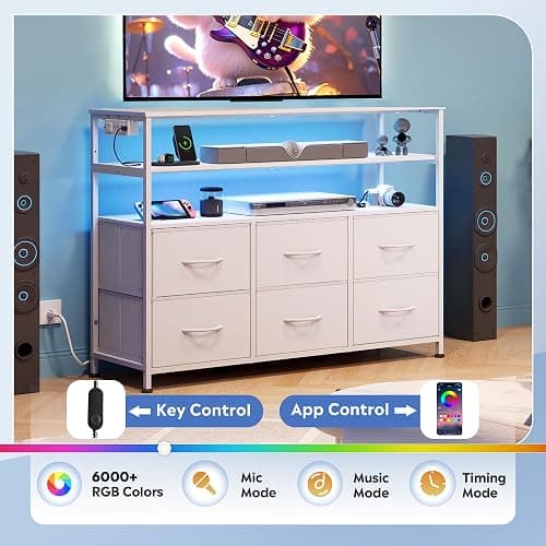 WLIVE White TV Stand for 40, 45 inch TV, Entertainment Center with LED Lights & Charging Station, TV Media Console Table with 6 Fabric Drawers and Open Shelves for Living Room, Hallway, Wood Top thumbnail 5