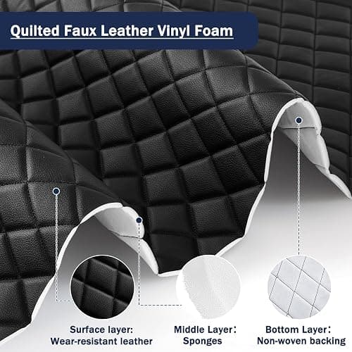 SmoothNovelty 2.1 Yards Diamond Quilted Vinyl Headliner Material 55 in Wide Faux Leather with Foam Backed 2" x 3" Diamonds Pattern Fabric for Car Automotive Furniture Upholstery(Black) thumbnail 2