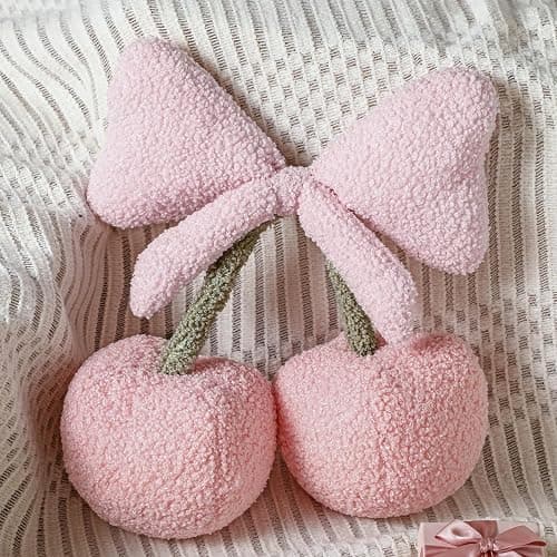 Beeveer Small Bow Cherry Throw Pillow Wool Cute Coquette Room Decor Decorative Throw Pillows Aesthetic Room Decor Bowknot Shaped Plush Cushions for Valentines Day Bedroom Sofa Couch(Pink) - Image 1