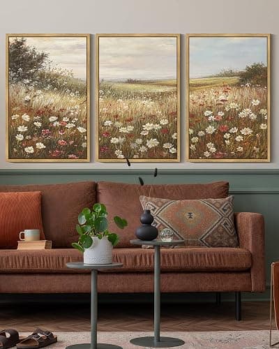 SHENIFY Vintage Framed Wall Art Meadow with Flowers Landscape Scenery Home Decor Retro Wildflower Field Decorations for Bedroom Ready to Hang Wall Artwork - 16x24in3pcs Natural Framed thumbnail 5