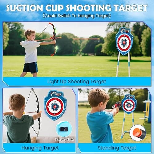 VATOS 2 Pack Bow and Arrow Toy with LED Light - 4 in 1 Archery & Dart Game Set with 20 Suction Cup Arrows, Shark Glow Target & Dart Board - Indoor/Outdoor Birthday Gift for Kids Boys Girls Ages 5-12 thumbnail 3