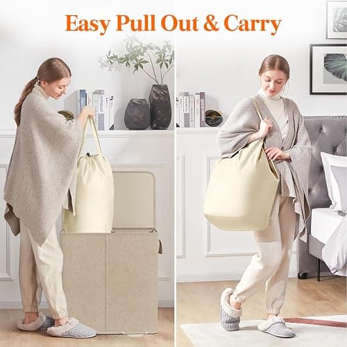 Lifewit Double Laundry Hamper with Lid and Removable Laundry Bags, Large Collapsible 2 Dividers Dirty Clothes Basket with Handles for Bedroom, Laundry Room, Closet, Bathroom, College, 136L Beige thumbnail 6