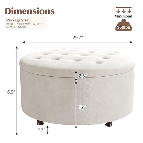 YUUIJOAA 30 Inch Round Storage Ottoman,Modern Tufted Ottomans,Circular Coffee Table with Removable Top,Upholstered Large Ottoman with Storage Footrest Stool for Bedroom Living Room (White) - White thumbnail 2