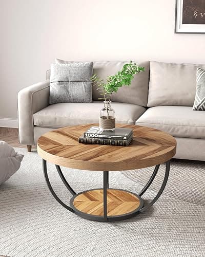 LITTLE TREE Round Coffee Table, 32" Circle Coffee Table for Living Room, 2-Tier Wood Accent Center Table with Open Storage Industrial Design Home Furniture (Wood Grain and Black) thumbnail 2