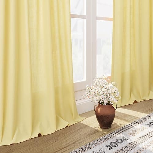 Yellow Linen Blend Drapes 84 Inch Length 2 Panels Set Back Tab Rod Pocket Light Filtering Privacy Semi Sheer Textured Curtain Neutral Farmhouse Decor for Living Room Bedroom Curtains 52x84 thumbnail 6