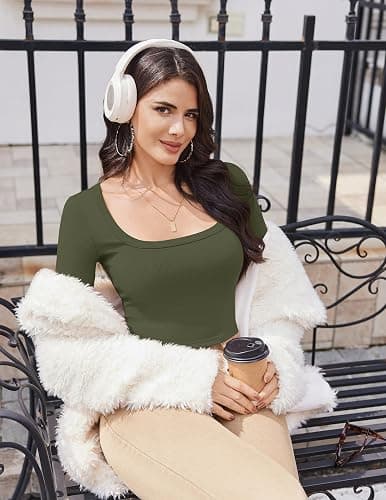 Ekouaer Womens Long Sleeve Square Neck Crop Top Ribbed Slim Fitted Going Out Y2K Tops Casual Basic Shirts Tee thumbnail 5
