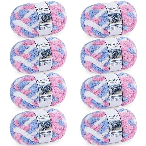 Cozyful Chunky Yarn for Hand Knitting - #10 Chunky Chenille Blanket Yarn, Jumbo Big Thick Chunky Yarns for Crocheting, Tie Dye Bulky Knit Yarns, 8 Skein (25 yds 8 oz Each Skein), Blue & Pink & White - Image 1