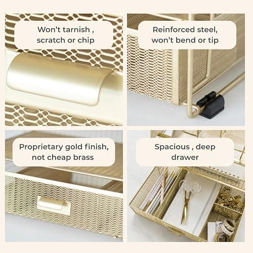 BLU MONACO | Gold Desk Organizer With Drawer | Metal Mesh File Holder & Vertical File Organizer | Desktop Storage for Office Supplies, Papers & Folders | 9.3" D x 13" W x 14" H thumbnail 6