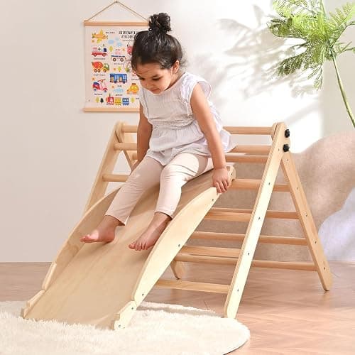 OLLIKIVI Pikler Triangle Set with Cushion, Indoor Climbing Toy Set for Toddlers, Montessori Foldable Indoor Playground, Wodden Jungle Gym with Ramp and Arch Climber for 1-6 Years Old Kids thumbnail 2