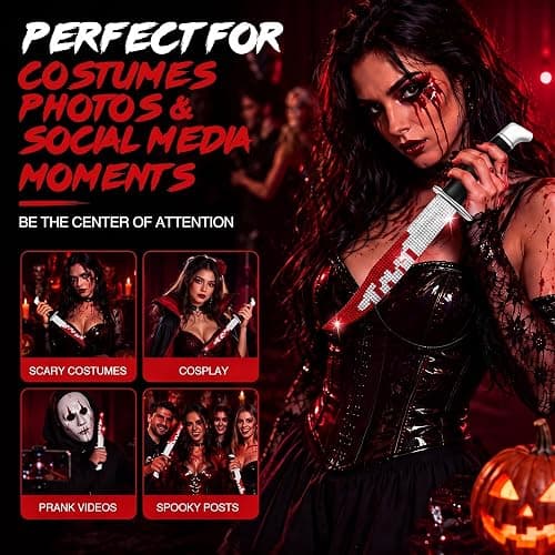Enhon 1 Pack 13.5" Halloween Bloody Ghost Face Bling Rubber Fake Knife | Soft Flexible Safety Prop with Bedazzled Rhinestones for Horror Prank, Stage Performance & Scary Cosplay Accessories thumbnail 5