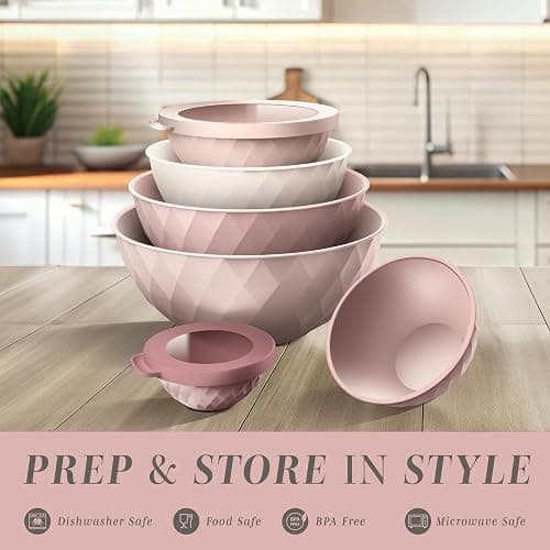 COOK WITH COLOR Mixing Bowls with Lids - 12 Piece Plastic Nesting Bowls Set includes 6 Prep Bowls and 6 Lids, Diamond Design - Microwave Safe, Pink thumbnail 3