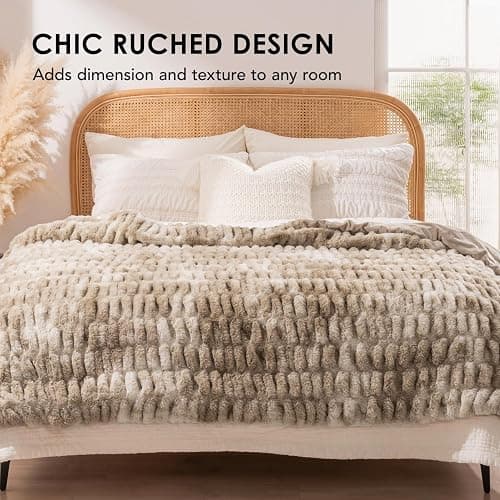 EVERGRACE Luxurious Soft Faux Rabbit Fur Throw Blanket, Cozy Fuzzy Plush Warm Throws for Couch Bed Sofa Chair Home Decor, Ruched Bubble Fluffy Blanket with Reversible Velvet, 60" x 80", Beige thumbnail 3