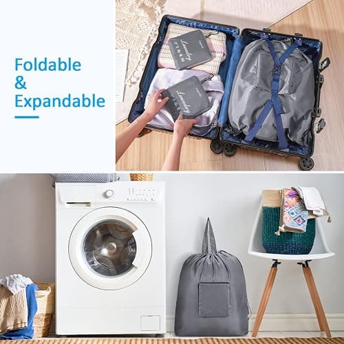 GOGOODA Travel Laundry Bags with Drawstring Closure XL Large Foldable Dirty Clothes bags with Handle Heavy Duty and Washable for College Dorm Travelling Camping, 2 Pack, Black & Beige thumbnail 5