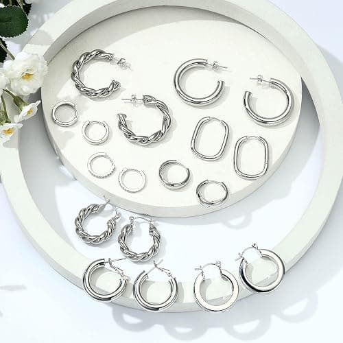 Yesteel 9 Pairs Gold Hoop Earrings for Women, 925 Sterling Silver Post 14K Real Gold Plated Chunky Hoop Earrings Set for Women Hypoallergenic Thick Lightweight Earring for Womens Jewelry Gifts thumbnail 7