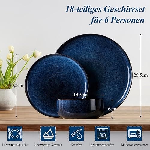 Joyfair Geschirrset 6 Personen, 18-tlg Steinzeug Tafelservice Set, Kratzfest Reaktive Glasur Geschirr Set mit Speiseteller, Dessertteller, Müslischalen, Mikrowellen- & Spülmaschinenfest, Tiefsee Blau thumbnail 3
