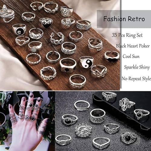 17IF 26-35 Pcs Vintage Silver Knuckle Rings Set for Women Men, Grunge Gothic Rings Chunky Aesthetic Snake Stackable Adjustable Punk Bulky Finger Alt Fairy Skull Frog Heart Star Flower Midi Ring Pack thumbnail 4